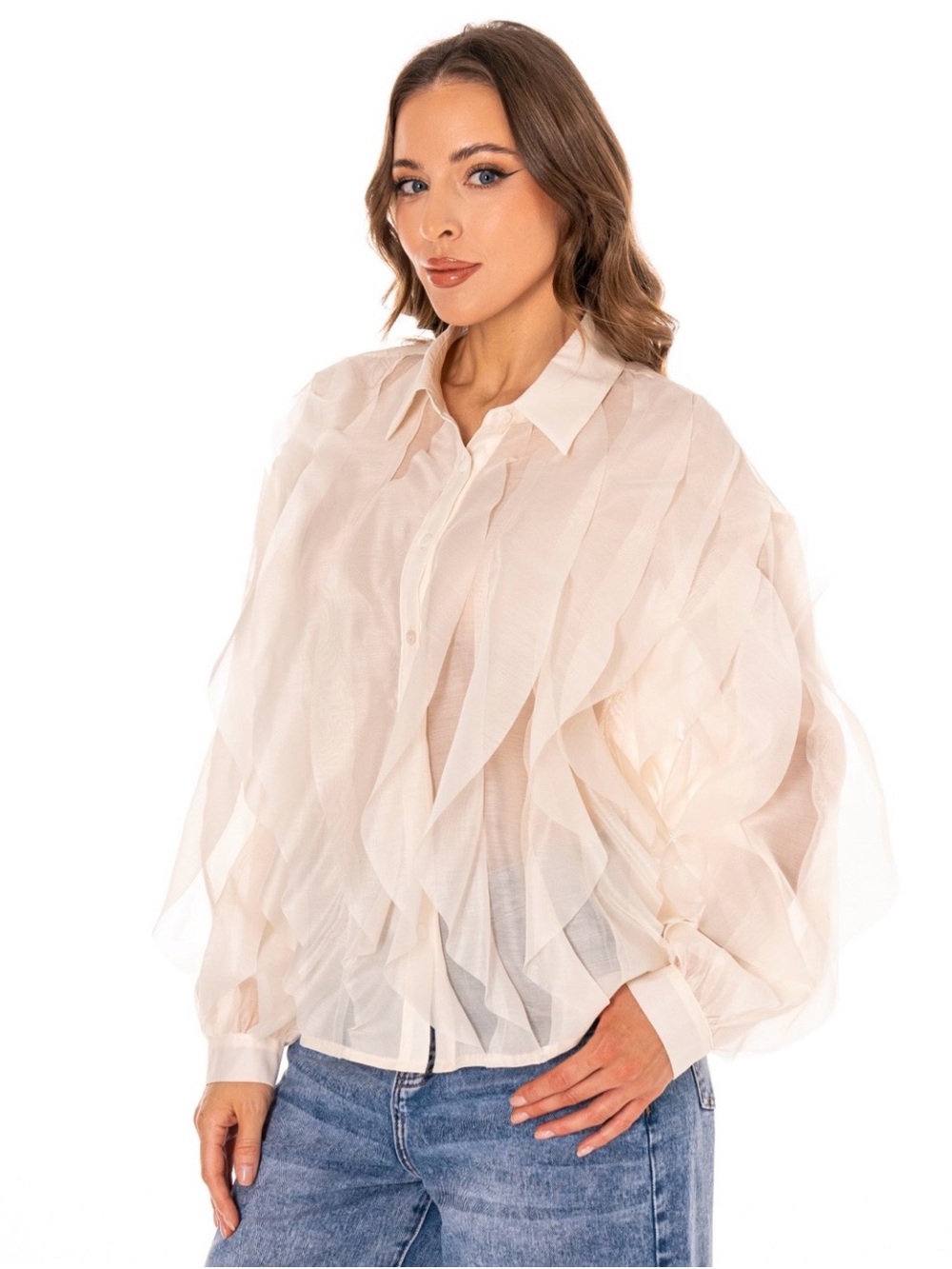 Chic BeigeOrganza Sleeve Statement Blouse